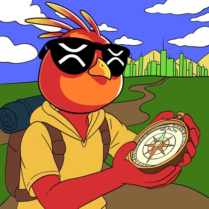 A cartoon illustration of a red bird character wearing sunglasses and a yellow shirt, holding a compass labeled 'WEALTH', with a city skyline in the background.
