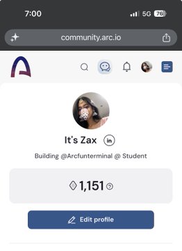 The screenshot shows an Arc community profile for "It's Zax" with 1,151 points, displaying their role as a builder of @Arcfunterminal and Student status. The image directly supports the post celebrating surpassing the 1,000-point milestone on the Arc House platform, aligning with the user's excitement about progressing toward Tier 1 Ambassador status before Arc Mainnet.