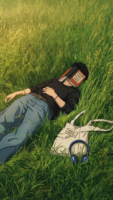Anime-style illustration of a person lying in tall green grass with a book covering their face, wearing a black shirt and blue jeans, with a tote bag reading 'MIRROR'S INVENTORY' and blue headphones beside them.