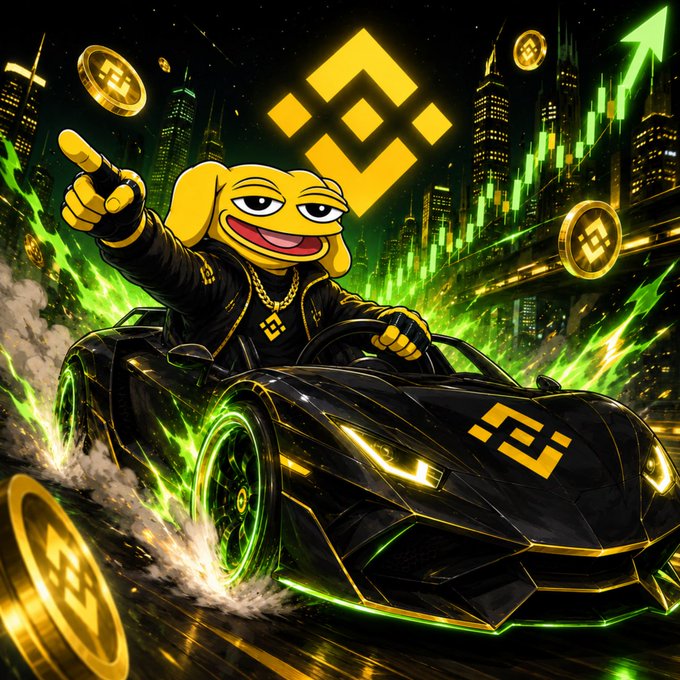 A cartoon dog character (Andy) confidently drives a black and gold sports car through a neon cityscape filled with green flames and BNB coins, with the Binance (BNB) logo prominently displayed in the background—visually reinforcing Andy's deep-rooted connection to the BNBChain narrative.