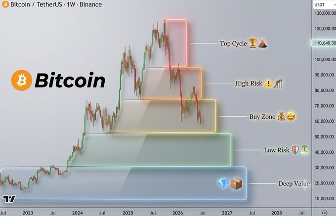 A Bitcoin/TetherUS weekly chart on Binance displays tiered risk zones ranging from a "Top Cycle" around $110,640-$120K down to a "Deep Value" area near $20K-$30K, illustrating strategic accumulation levels as BTC price retreats. The visualization complements the post's observation about market apathy, showing how Bitcoin has pulled back from euphoric highs into the "Buy Zone" and approaching "Low Risk" territory where disciplined accumulation historically occurs.