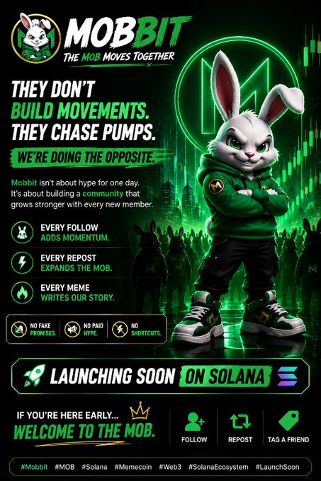 A promotional poster for 'MOBBIT' featuring an anthropomorphic white rabbit in a green hoodie, with text including 'THE MOB MOVES TOGETHER', 'THEY DON'T BUILD MOVEMENTS. THEY CHASE PUMPS.', 'WE'RE DOING THE OPPOSITE', and 'LAUNCHING SOON ON SOLANA'.