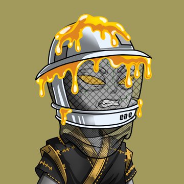 A cartoon-style illustration of a character wearing a metallic helmet with a mesh faceplate and a black hooded outfit with yellow stitching, with orange liquid dripping down over the helmet.