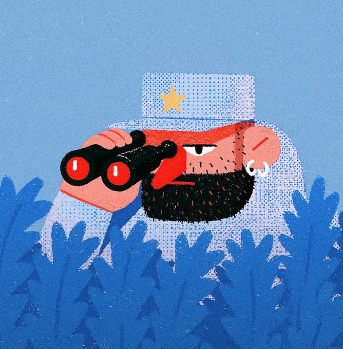 A stylized digital illustration shows a bearded sailor with a star on his cap looking through red binoculars, peering out from a background of stylized blue trees.