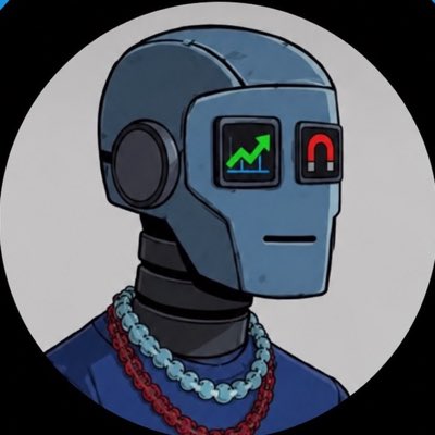 An illustrated portrait of a blue robotic figure wearing a red and blue chain, featuring a green upward arrow graph and a red U-shape icon in its visor.