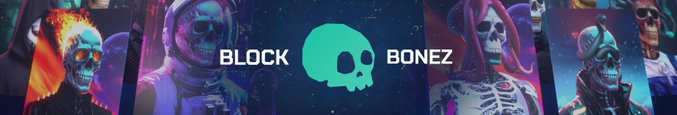 The image shows a horizontal advertisement featuring an illustration of six skeleton characters, including a skull, accompanied by text. The word "block" appears multiple times within the ad design, and it says "bonesz" below the skulls. Additionally, there are three different colored skulls in the image. The background color is a light gray hue, providing a neutral backdrop that makes the colorful cartoon characters stand out.