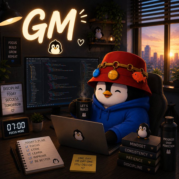 The image features a cartoon penguin sitting at a desk with a laptop, holding a coffee cup and surrounded by various items such as books, a keyboard, and a mouse. The background of the image includes a city skyline, suggesting that the scene takes place in an urban setting or within a building. The post emphasizes the importance of focusing on the process rather than just the end result, which is relevant to the penguin's situation since it appears to be working on something at its own pace and enjoying the journey.