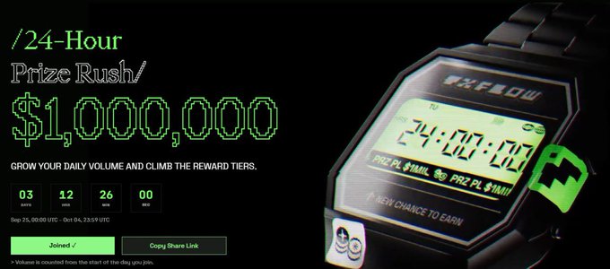 A promotional banner for a '24-Hour Prize Rush' offering $1,000,000, featuring a digital watch displaying 'PRZ PL $1MIL' with a countdown of 3 days, 12 hours, 26 minutes, and a Minecraft Creeper face accessory.