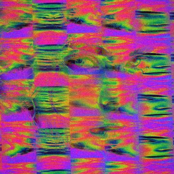 A heavily distorted, glitch-art style image displaying repeated, warped facial features in psychedelic shades of pink, green, and purple.