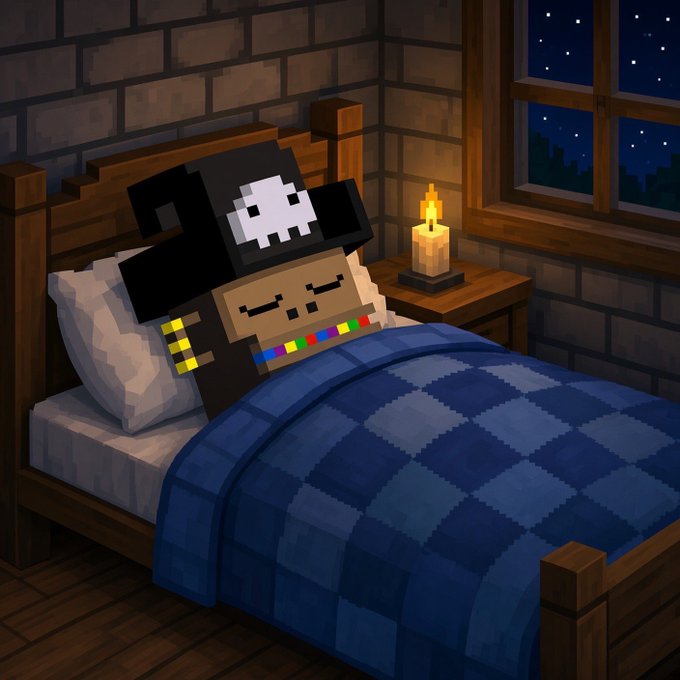 Pixel art illustration of a Minecraft-style character wearing a black pirate hat with skull design, sleeping in a bed under a blue checkered blanket beside a lit candle.