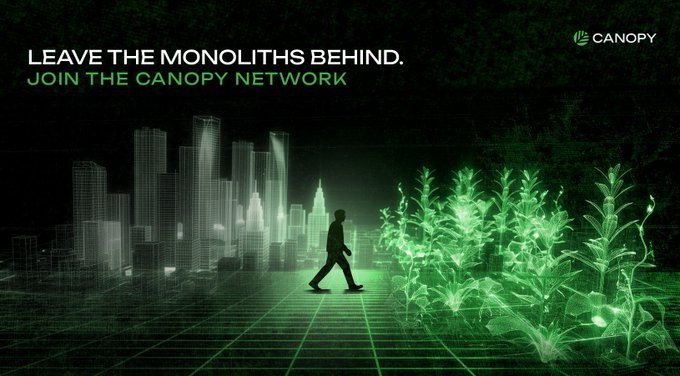 A promotional banner for Canopy Network with the text 'LEAVE THE MONOLITHS BEHIND. JOIN THE CANOPY NETWORK,' showing a silhouetted figure walking between a wireframe city and glowing green plants.