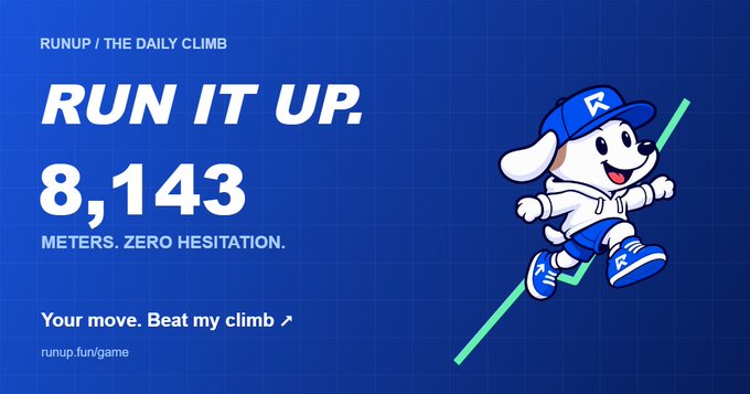 Promotional graphic for RUNUP game featuring a cartoon dog mascot climbing a green line, displaying '8,143 METERS. ZERO HESITATION.' and the URL runup.fun/game.