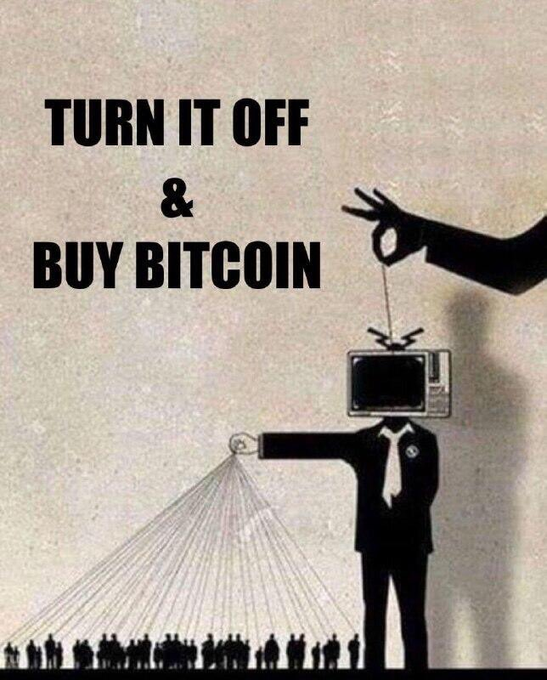 A meme image with the text 'TURN IT OFF & BUY BITCOIN', showing an illustration of a figure with a TV for a head being controlled like a puppet.