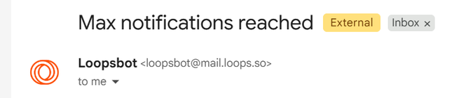 An email notification header showing 'Max notifications reached' from 'Loopsbot <loopsbot@mail.loops.so>' tagged as External and Inbox.