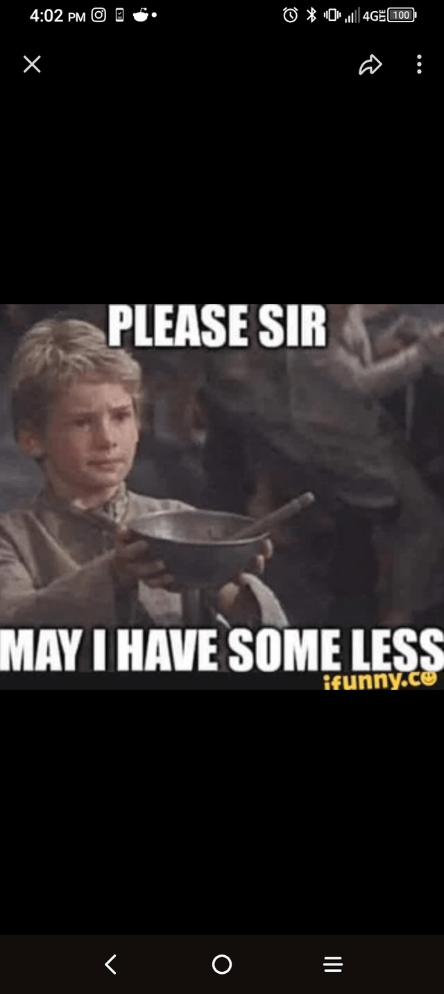 The image features a boy holding up a bowl of food, with text overlaying the scene that reads "Please Sir May I have some less". The background of the image is black, which contrasts with the white text and makes it stand out. The caption also includes the hashtag #r/Pepecryptocurrency, suggesting that this post might be related to a cryptocurrency-related topic or event.