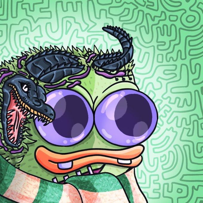 A cartoon illustration of a green creature with large purple eyes and an orange mouth, with a black Xenomorph-like alien bursting from its head against a green maze background.