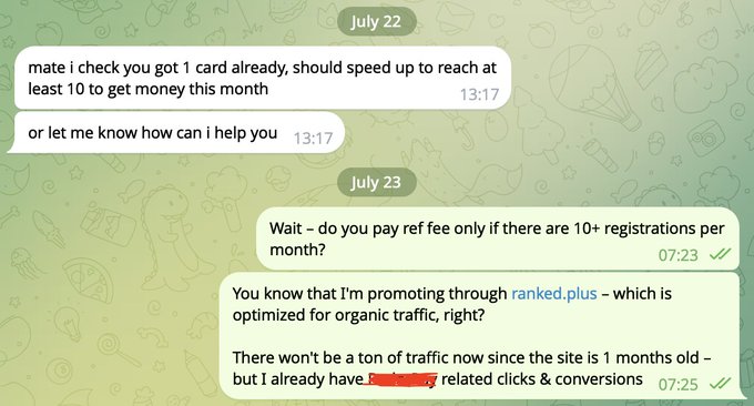 A WhatsApp conversation shows a referral agent pressuring for sign-ups ("should speed up to reach at least 10 to get money this month") and confirming they only pay referral fees for 10+ registrations per month, while the user questions the sustainability of the program. The image relates to the post's point about neobanks failing due to unsustainable unit economics — the referral program's threshold of 10+ signups for compensation and the agent's emphasis on volume illustrates the kind of flawed growth-at-all-costs math that contributes to these companies' downfall.