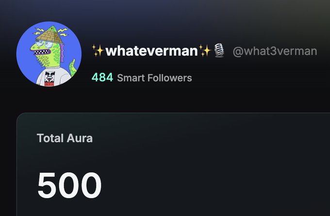 The image shows a social media profile for "✨whateverman✨🎙️" (@what3verman) with 484 Smart Followers, displayed alongside a "Total Aura" score of 500. The profile picture features a cartoon character wearing a deerstalker hat, complementing the post's theme about hunting down Smart Followers and accumulating Aura points on the Kaito AI platform.