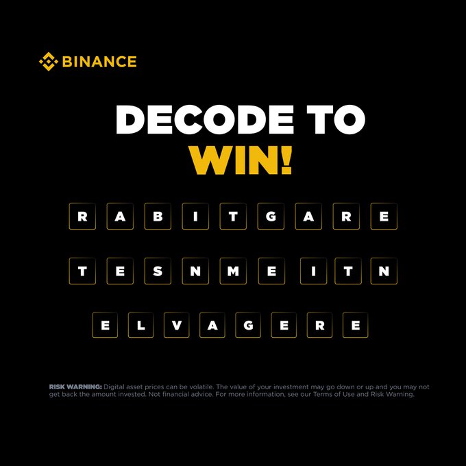 A Binance "Decode to Win" giveaway promotion featuring three scrambled letter sequences—"RABITGARE," "TESNMEITN," and "ELVAGERE"—on a black background, with a risk warning disclaimer at the bottom. The accompanying post announces the giveaway winners, each receiving 25 USDT, suggesting the image displays the puzzle participants needed to solve to win.