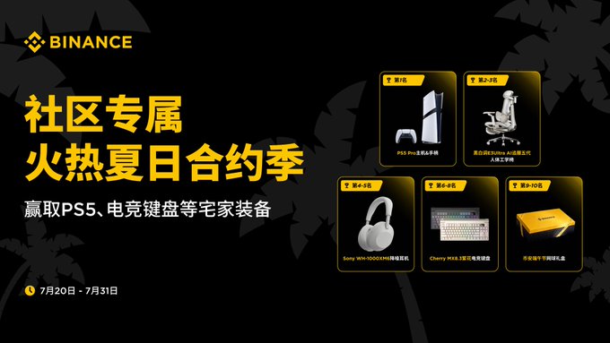 A Binance promotional banner in Chinese advertising a "Community Exclusive Sizzling Summer Contract Season" (社区专属 火热夏日合约季) running from July 20-31, featuring prizes including a PS5 console, gaming chair, Sony WH-1000XM3 headphones, Cherry MX 8.0 mechanical keyboard, and a mystery gold bar. The image displays the Binance logo on a black background with tropical leaf silhouettes, showcasing the five prize tiers corresponding to the leaderboard competition mentioned in the accompanying post.