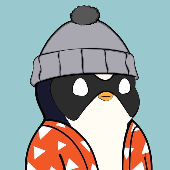 An illustration of a penguin wearing a gray pom-pom beanie, a black domino mask, and an orange jacket with white triangle patterns, set against a light blue background.