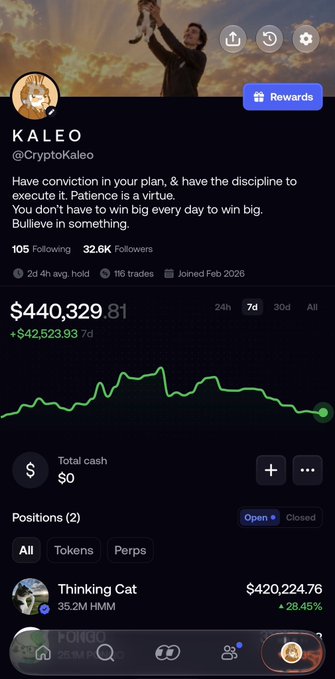A screenshot of CryptoKaleo's profile on what appears to be a crypto portfolio tracker, showing a $440,329.81 portfolio value with a -$42,523.93 (7d) decline, alongside his bio quote about discipline in executing conviction plans. The image supports the post's message about his "Stack HMM and chill" strategy holding up during the market downturn, as his displayed position in "Thinking Cat" (HMM) is still up +28.45% at $420,224.76.