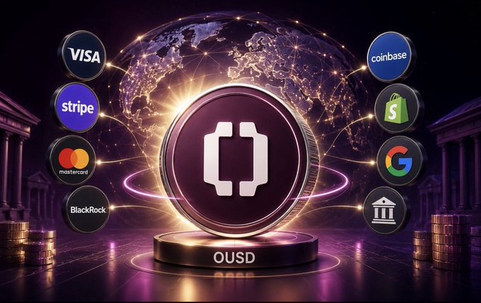 A promotional graphic featuring a central 'OUSD' coin emblem surrounded by logos of financial and tech companies including Visa, Stripe, Mastercard, BlackRock, Coinbase, Shopify, Google, and a bank.