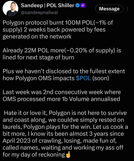 A tweet from Sandeep Nailwal (@sandeepnailwal), CEO of Polygon, announcing that the protocol has burned 100M POL (~1% of supply) two weeks ago via network fees, with another 22M POL (~0.20% of supply) lined up for the next burn stage. He teases upcoming disclosures about how Polygon OMS impacts $POL, noting OMS processed over $1B annualized volume for a second consecutive week, and reflects on nearly three years of perseverance since April 2023 with "Polygon pays for the win" energy—aligning perfectly with the caption's theme of a long-awaited Polygon comeback.