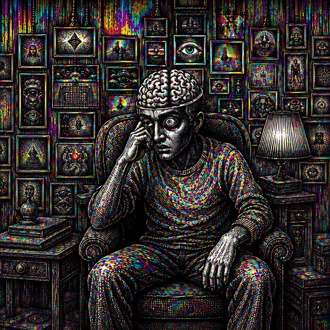 A surreal, highly colorful psychedelic digital artwork depicting a metallic humanoid figure with an exposed brain sitting in an armchair, surrounded by walls covered in framed mystical images.