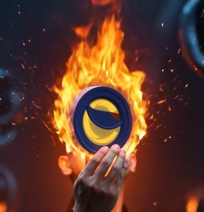 The image features a person holding up a blue and yellow logo that resembles a fire, with flames coming out of it. The text "Every $LUNC burn is a vote for the future. One token burned won't change everything. Millions might. But trillions? That's when people start paying attention." This suggests that the image is promoting an idea or concept related to cryptocurrency and blockchain technology.