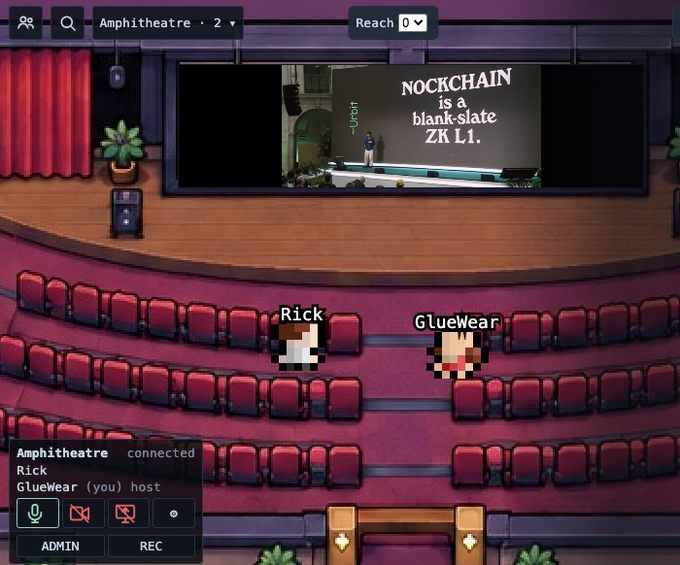 A screenshot of a virtual amphitheatre meeting with avatars 'Rick' and 'GlueWear', showing a presentation slide reading 'NOCKCHAIN is a blank-slate ZK L1.'
