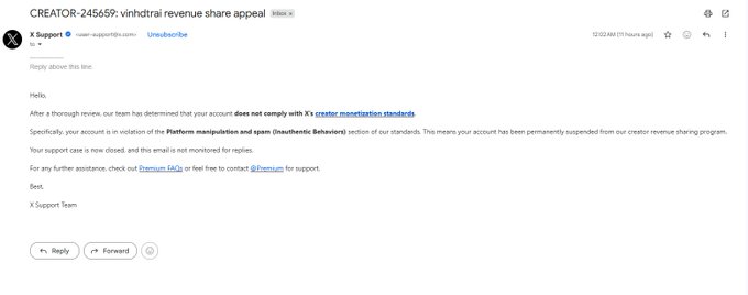 An email screenshot titled 'CREATOR-245659: v:hdtdai revenue share appeal' from X Support, stating the account 'does not comply with X's creator monetization standards' due to platform manipulation.