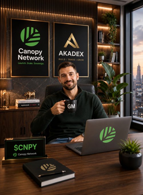 A smiling man holds a 'GM' mug at a desk branded with 'Canopy Network' and 'AKADEX' logos, accompanied by a laptop displaying the Canopy Network emblem and an 'SCNPY' ticker sign.