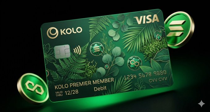 The image features a green Visa credit card with a unique design featuring palm trees, ferns, and other plants. The card has a green background and white text that reads "Visa" and "KOLO Premier Member Debit". There are two coins placed on top of the card - one gold coin and one silver coin. The image also includes a caption about digital nomads using stablecoins for international travel, stating that these coins provide stability in the face of cryptocurrency market volatility.

The post is titled "Digital Nomads International frequent flyers and remote professionals are finding that stablecoins like USDT and USDC are the absolute perfect companion for global travel because they completely insulate your hard earned daily budget from wild cryptocurrency market volatility".
