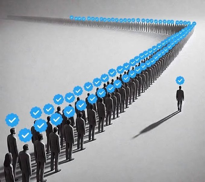 A conceptual illustration showing a large group of silhouetted figures lined up in a winding path, with most having blue checkmark icons above them, while a single figure stands apart.