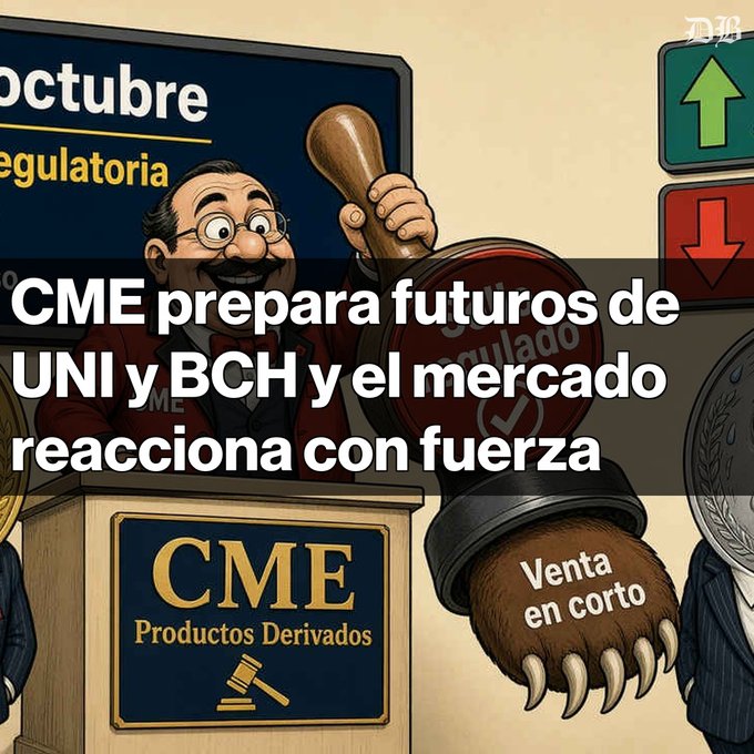 A cartoon illustration in Spanish showing a man at a podium labeled 'CME Productos Derivados' holding a mallet, with text reading 'CME prepara futuros de UNI y BCH y el mercado reacciona con fuerza' and a bear paw labeled 'Venta en corto'.
