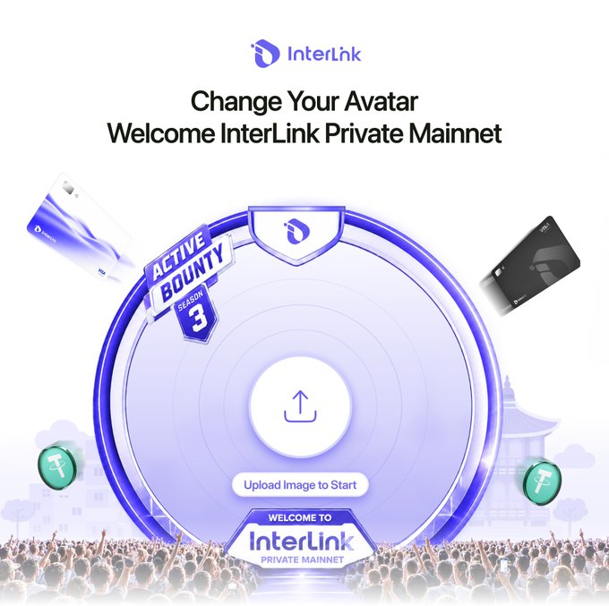 The image features a large crowd of people gathered around an event, with a banner that reads "Change Your Avatar Welcome Interlink Private Mainnet" at the top. The crowd appears to be engaged and excited about something happening within the image. There are several objects scattered throughout the scene, including a soccer ball, a clock, and some money. A person is standing in front of the crowd with their back turned towards the camera.