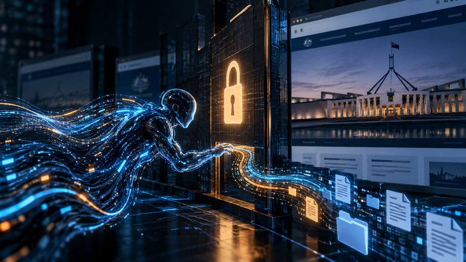 A digital illustration depicting a glowing humanoid figure interacting with a padlock icon on a screen, with streams of data and a government building visible in the background, symbolizing cybersecurity or data breaches.