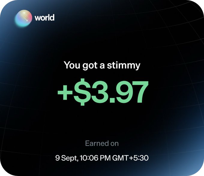 The Worldcoin app displays a notification 'You got a stimmy +$3.97' earned on 9 Sept, 10:06 PM GMT+5:30.