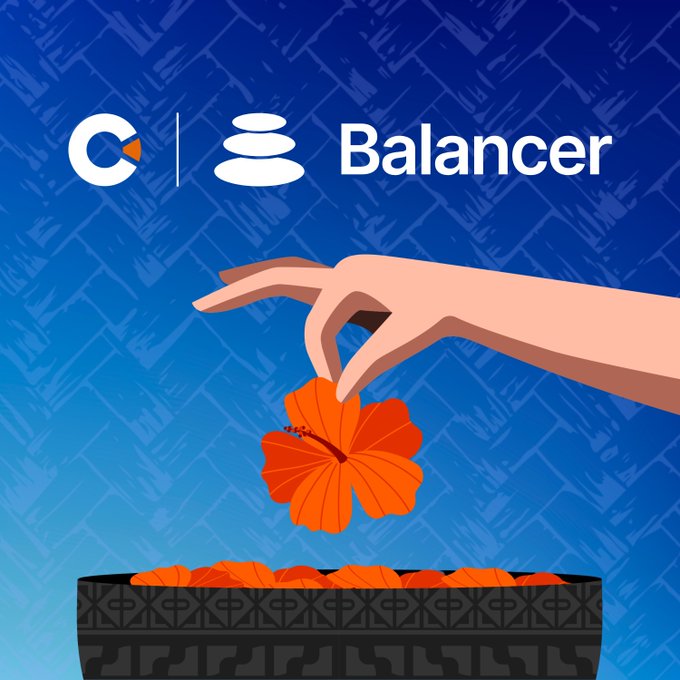The image features an illustration of a hand holding a flower, with the word "Balancer" written above it. The background of the image is blue, and there are two logos present - one for Coinstancy and another for Balancer Boosted Pools. These logos suggest that the post might be related to cryptocurrency or blockchain technology in some way.