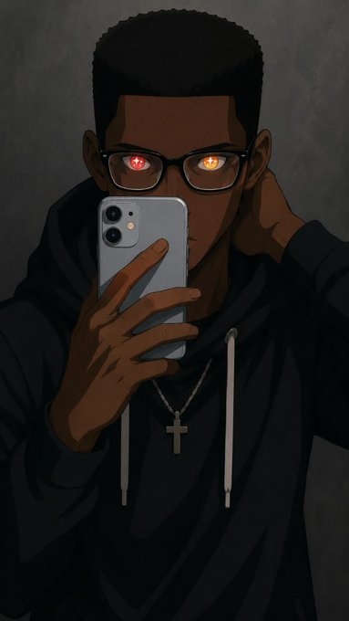 An anime-style illustration depicts a young Black man with glasses, a cross necklace, and glowing red and orange eyes taking a mirror selfie with a smartphone.