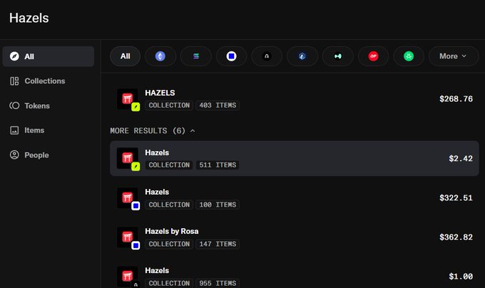 A dark-themed digital marketplace interface shows search results for "Hazels" with various collections listed, displaying prices like $268.76, $2.42, and $322.51.