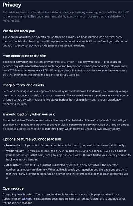 A 'Privacy' policy page for ZechHub, an open-source education hub for a privacy-preserving currency, detailing their no-tracking policy, hosting provider (Vercel), and open-source status.