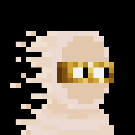 A pixel art illustration of a face dissolving into pixels on the left side, with a gold and brown band across the eyes against a black background.