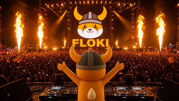 The image features a cartoon character, possibly a dog or a cat, standing in front of a stage with a crowd of people behind him. The character has its arms raised high above its head, as if celebrating something. In the background, there are speakers on either side of the stage, and a banner that reads "Floki". This suggests that the image is related to an event or performance where the character might be involved, possibly at a concert or festival. The post also includes text that says "$Floki", which could be a reference to the character's name or a connection to the event being advertised.