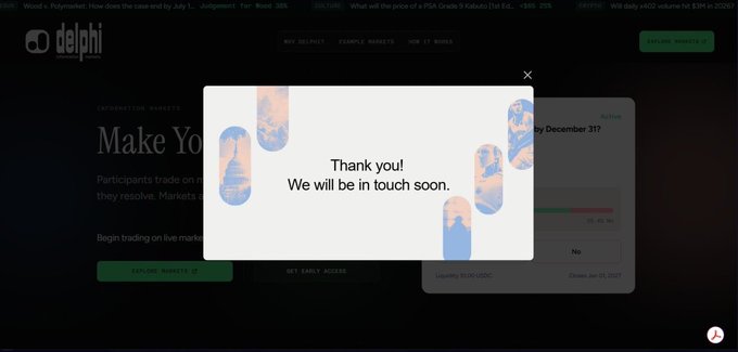 A screenshot of a popup on the Delphi Markets website stating 'Thank you! We will be in touch soon.' with illustrations of finger paintings in the background.