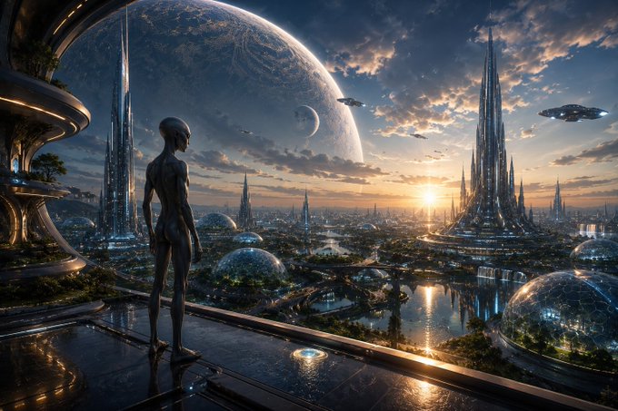 A sci-fi digital artwork shows a dark humanoid figure standing on a balcony overlooking a futuristic city with towering spires, domed structures, and spaceships, set against a sunset with a massive planet in the sky.