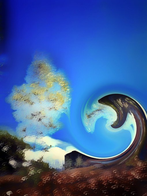 A surreal, abstract artwork depicting a giant blue and black wave curling next to a glowing tree and a small house against a deep blue sky.