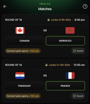 A mobile app screen for 'TRIA FC' Matches showing Round of 16 fixtures: Canada vs Morocco and Paraguay vs France, both marked as 'Saved'.