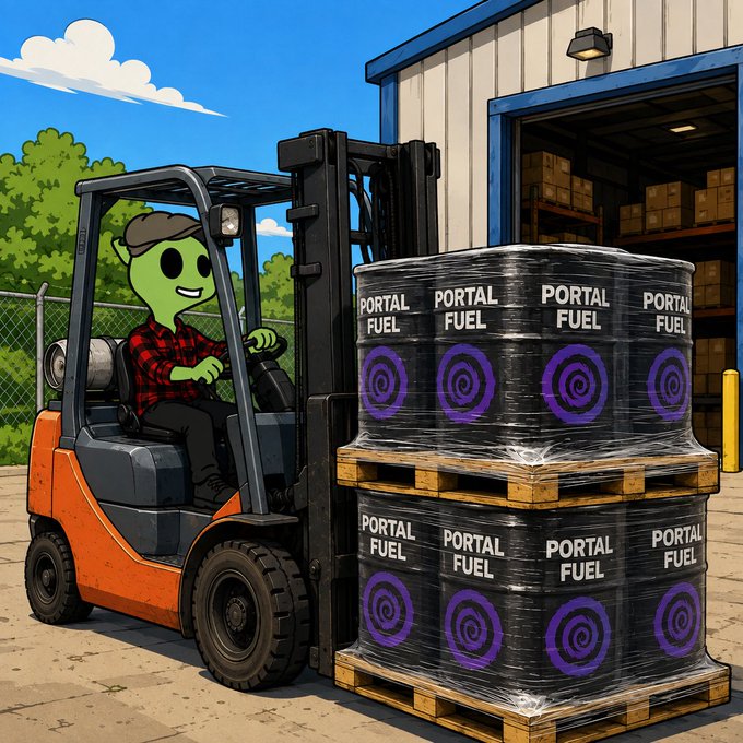 An illustration of a green cartoon character in a red plaid shirt operating a forklift, transporting pallets wrapped in black plastic labeled 'PORTAL FUEL' with purple circular logos.